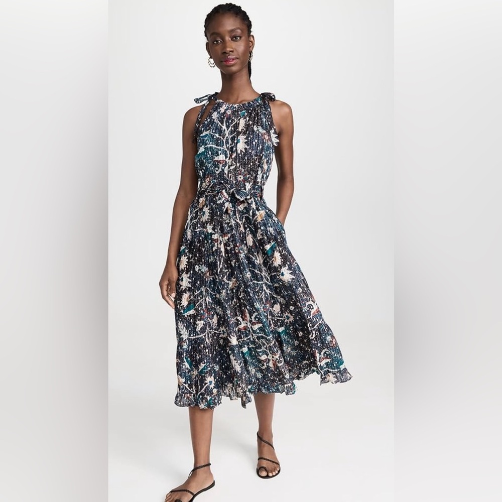 Ulla Johnson Black Floral Midi Dress with Teal & Cream Accents Mariam